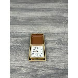 Vintage Westclox Travel Alarm Clock Wind Up Tan Folding Case (Works)